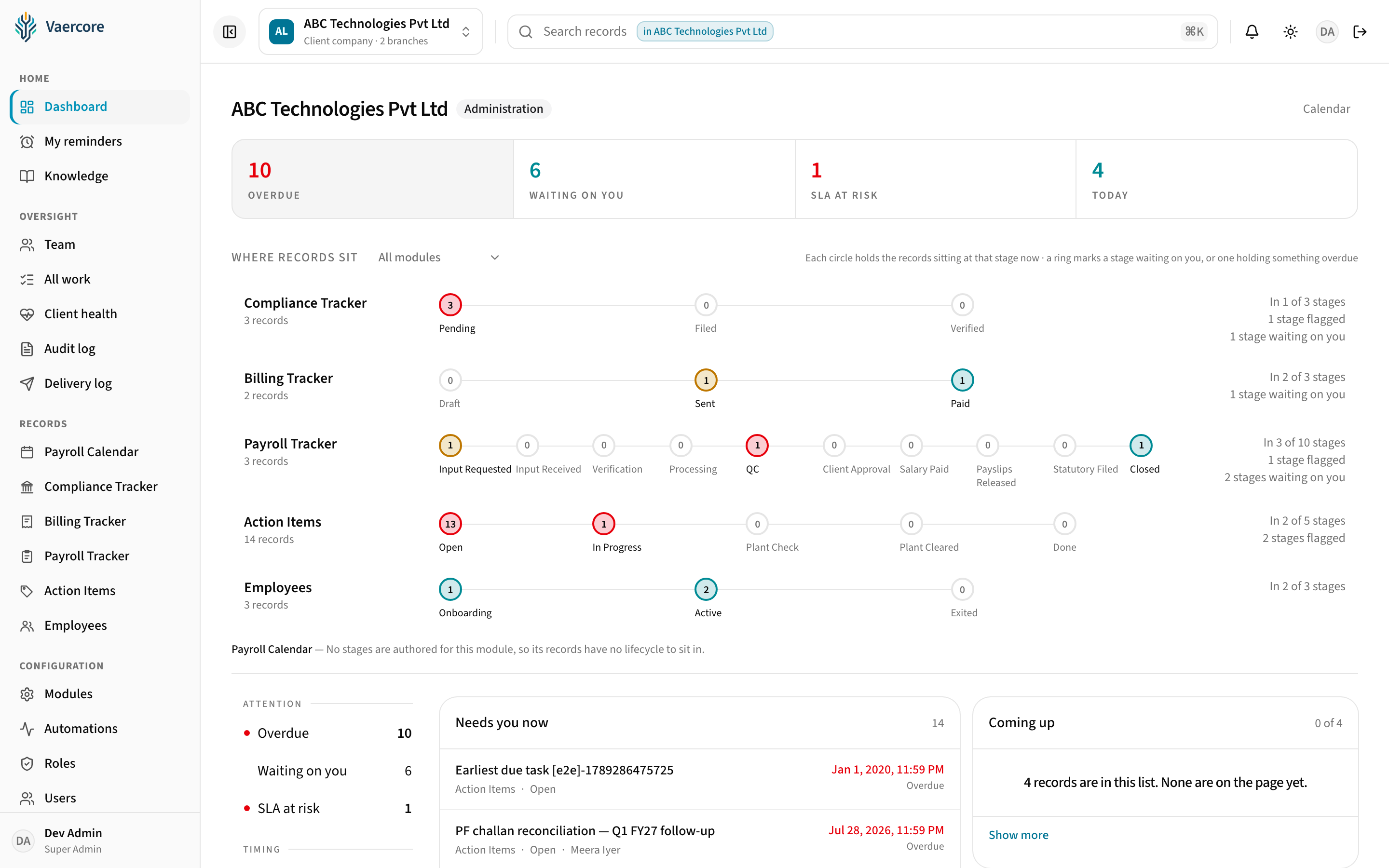Vaercore dashboard showing stages of work across modules for one client company