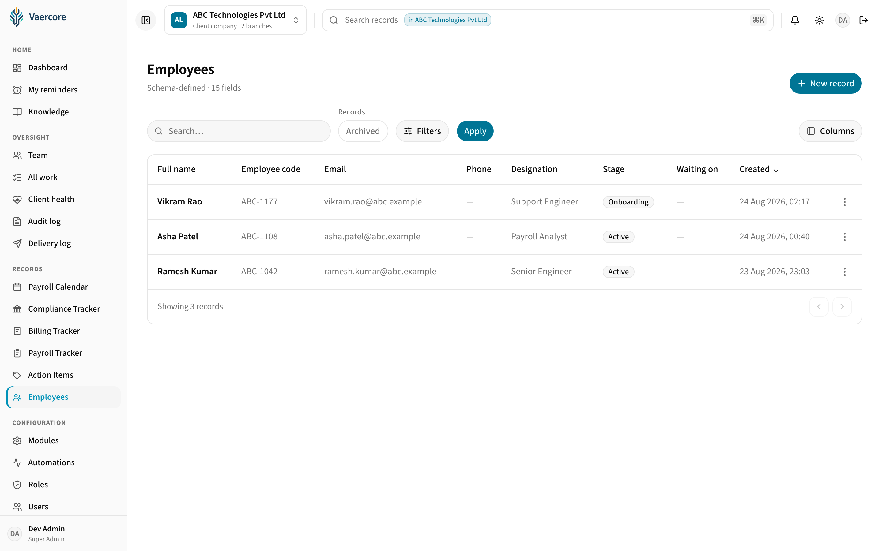 Vaercore records list for people in a client company